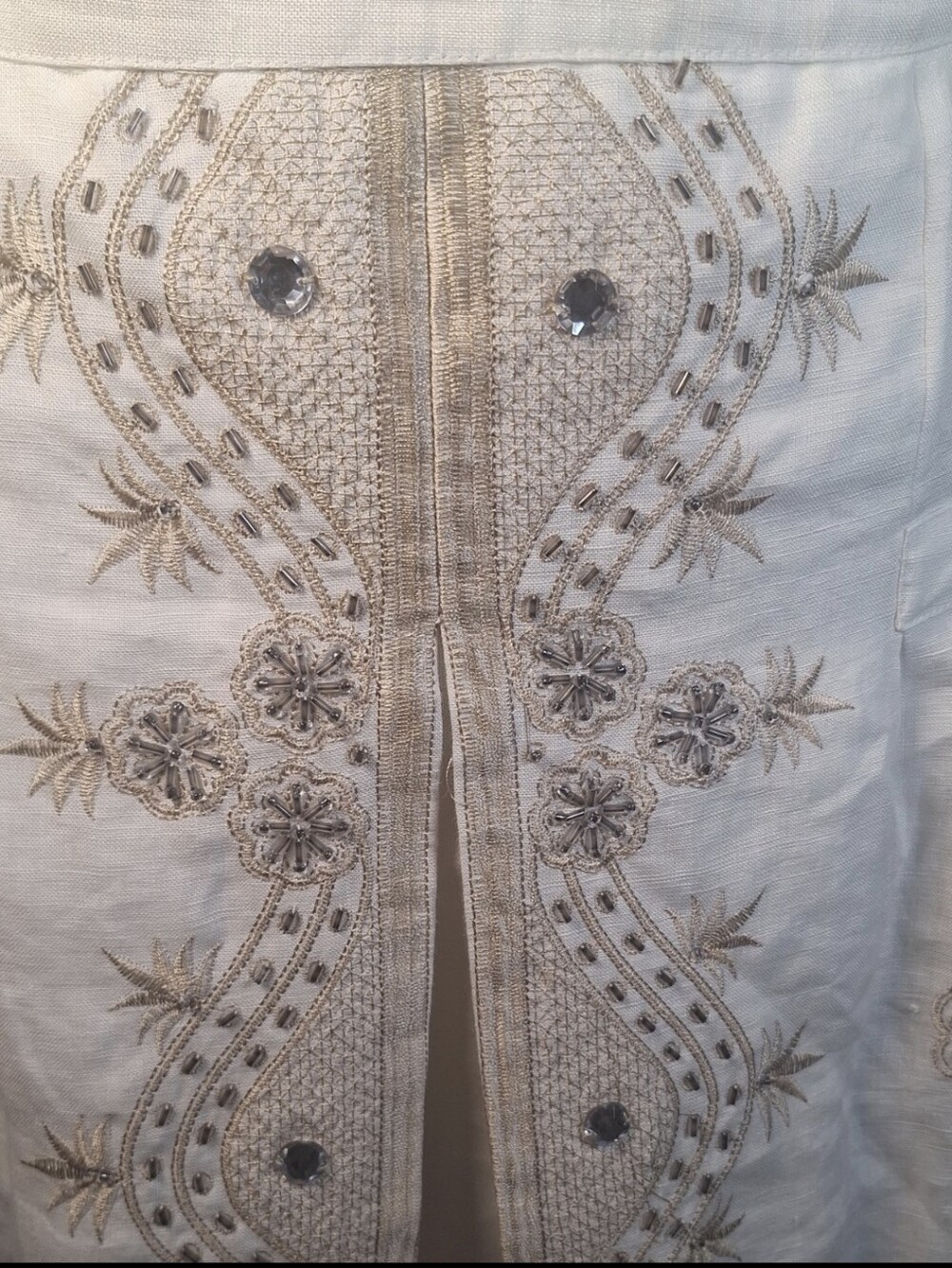Anne Carson off-white 100% linen A-line skirt Rhinestone/Embroidery Detail SZ 4 - Picture 6 of 8